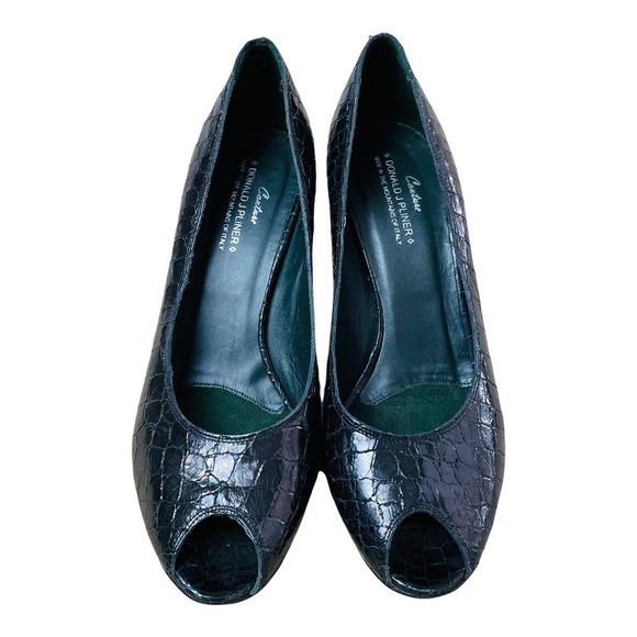 Donald J Pliner Sz 9.5 Black Leather Crocodile Skin Pattern Peep Toe Heels - Picture 5 of 10